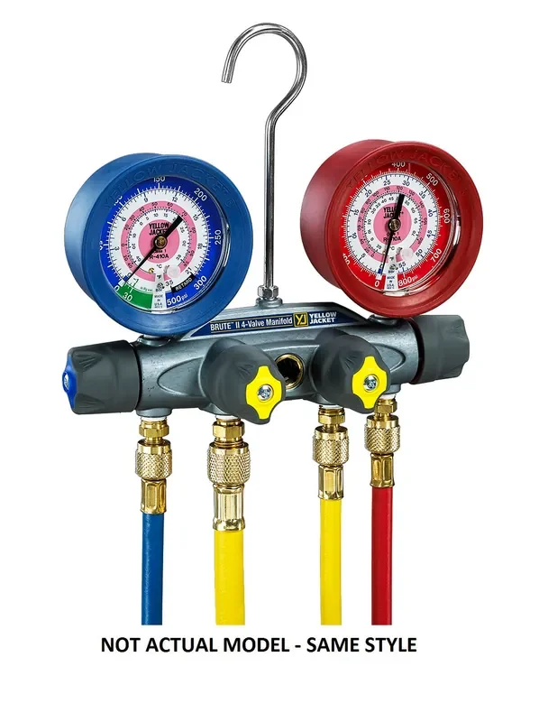 Big Sale Yellow Jacket Brute II 4-Valve Manifold with Red/Blue Fahrenheit Gauges Bar/PSI R410A, 60 in. Plus II Compact Ball Valve RYB and 3/8 in. x 45 Deg. – 46003