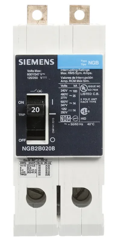 NGB2B020B – Siemens – Molded Case Circuit Breaker – Bolt On – 20 Amp – 2 Pole – 600 Volt Exclusive Offer