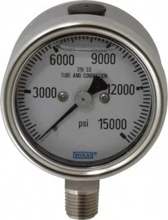 WIKA 2-1/2″ Dial, 1/4 Thread, 0-15,000 Scale Range, Pressure Gauge Lower Connection Mount, Accurate to 2-1-2% of Scale 9542345 – 63151088
