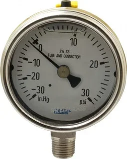 WIKA 2-1/2″ Dial, 1/4 Thread, 30-0-30 Scale Range, Pressure Gauge Lower Connection Mount, Accurate to 2-1-2% of Scale 9831805 – 63148795